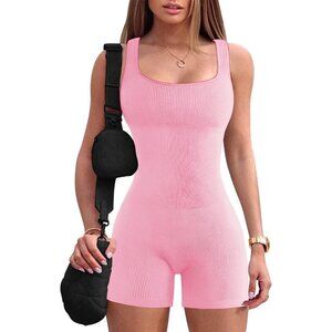 🆕 Women Pink Yoga Jumpsuit Ribbed One Piece Tank Top Sleeveless Bodycon Sport